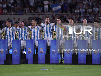 Argentina's players celebrate the World Champions title after an International Friendly match between Argentina and Panama at Estadio Mas Mo...