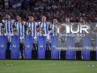 Argentina's players celebrate the World Champions title after an International Friendly match between Argentina and Panama at Estadio Mas Mo...