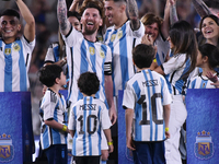 Lionel Messi and his teammates celebrate the World Champions title after an International Friendly match between Argentina and Panama at Est...