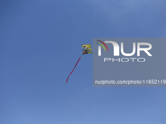 A kite takes flight in the clear blue sky above Kathmandu, Nepal, on October 9, 2024, as the weather clears with the arrival of the fortnigh...