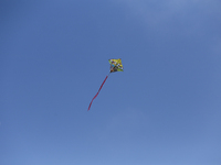 A kite takes flight in the clear blue sky above Kathmandu, Nepal, on October 9, 2024, as the weather clears with the arrival of the fortnigh...