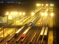 Bullet trains wait for departure at a domestic depot in Lianyungang, China, on October 9, 2024. (