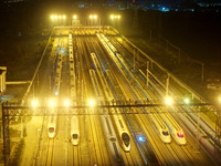 Bullet trains wait for departure at a domestic depot in Lianyungang, China, on October 9, 2024. (