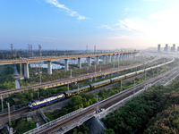 A bullet train runs in Lianyungang, China, on October 9, 2024. (