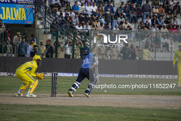 India's Shreevats Goswami plays a shot during the Legends League Cricket match between Toyam Hyderabad and Southern Super Stars in Srinagar,...