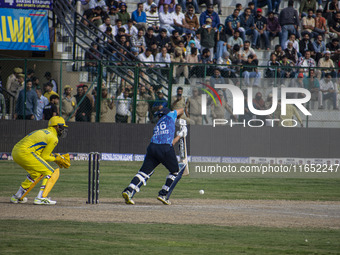 India's Shreevats Goswami plays a shot during the Legends League Cricket match between Toyam Hyderabad and Southern Super Stars in Srinagar,...