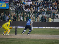 India's Shreevats Goswami plays a shot during the Legends League Cricket match between Toyam Hyderabad and Southern Super Stars in Srinagar,...