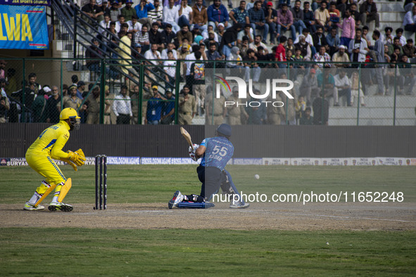 India's Kedar Jadhav plays a shot during the Legends League Cricket match between Toyam Hyderabad and Southern Super Stars in Srinagar, Jamm...