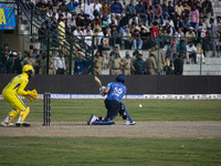 India's Kedar Jadhav plays a shot during the Legends League Cricket match between Toyam Hyderabad and Southern Super Stars in Srinagar, Jamm...