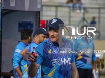 New Zealand's Martin Guptill participates in the Legends League Cricket match between Toyam Hyderabad and Southern Super Stars in Srinagar,...