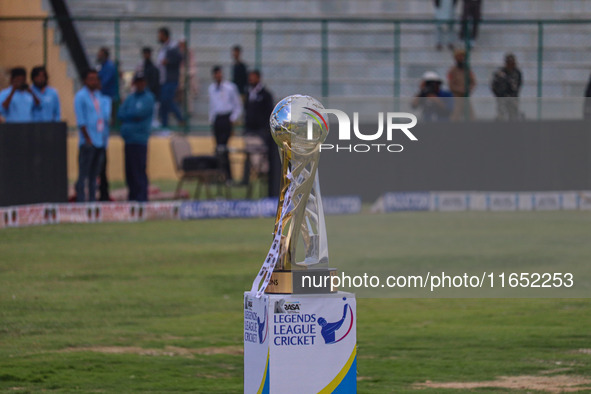 A detailed view of the Legends League Cricket Trophy during the Legends League Cricket match between Toyam Hyderabad and Southern Super Star...