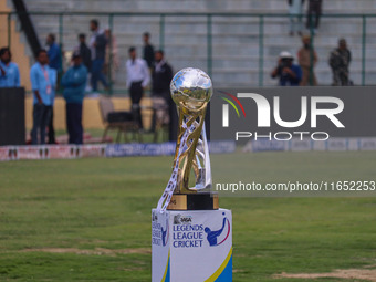 A detailed view of the Legends League Cricket Trophy during the Legends League Cricket match between Toyam Hyderabad and Southern Super Star...