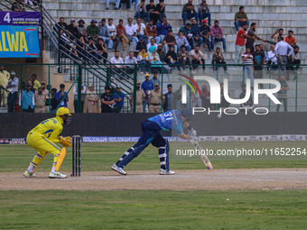 New Zealand's Martin Guptill plays a shot during the Legends League Cricket match between Toyam Hyderabad and Southern Super Stars in Srinag...