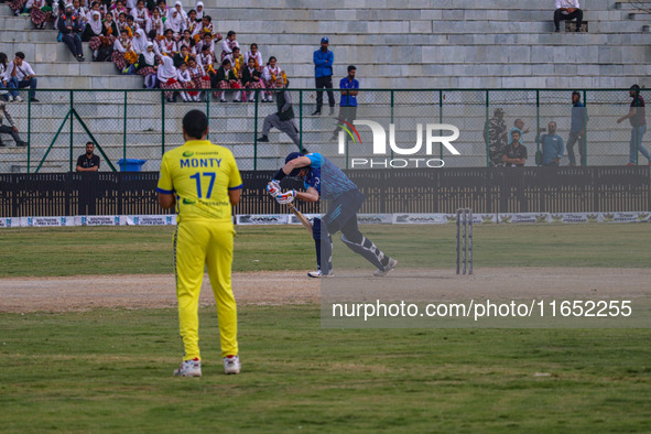 New Zealand's Martin Guptill plays a shot during the Legends League Cricket match between Toyam Hyderabad and Southern Super Stars in Srinag...