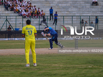 New Zealand's Martin Guptill plays a shot during the Legends League Cricket match between Toyam Hyderabad and Southern Super Stars in Srinag...