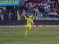 India's Ravi Jangid takes a catch during the Legends League Cricket match between Toyam Hyderabad and Southern Super Stars in Srinagar, Jamm...