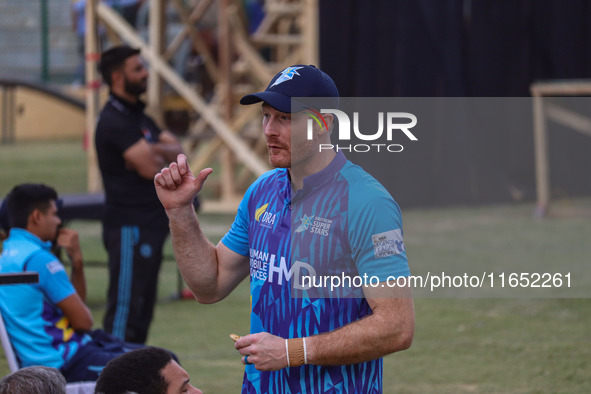 New Zealand's Martin Guptill participates in the Legends League Cricket match between Toyam Hyderabad and Southern Super Stars in Srinagar,...