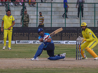 India's Kedar Jadhav plays a shot during the Legends League Cricket match between Toyam Hyderabad and Southern Super Stars in Srinagar, Jamm...