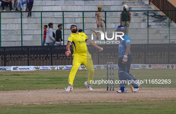 England's Monty Panesar bowls during the Legends League Cricket match between Toyam Hyderabad and Southern Super Stars in Srinagar, Jammu an...