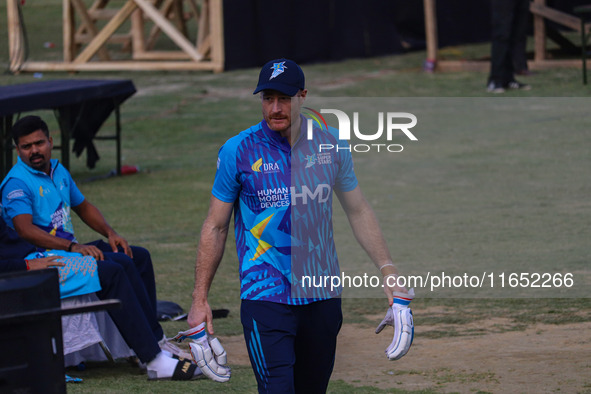 New Zealand's Martin Guptill participates in the Legends League Cricket match between Toyam Hyderabad and Southern Super Stars in Srinagar,...