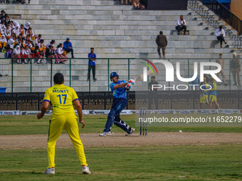 New Zealand's Martin Guptill plays a shot during the Legends League Cricket match between Toyam Hyderabad and Southern Super Stars in Srinag...