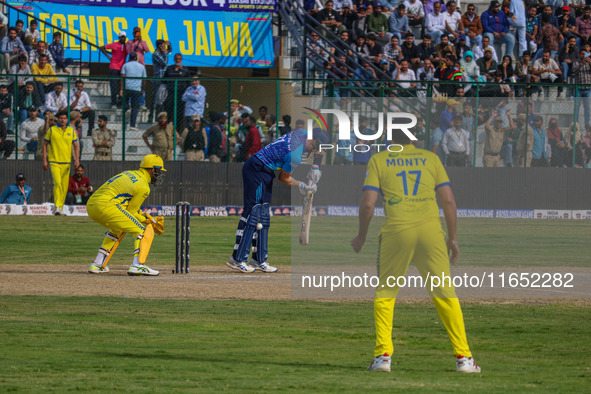 New Zealand's Martin Guptill plays a shot during the Legends League Cricket match between Toyam Hyderabad and Southern Super Stars in Srinag...