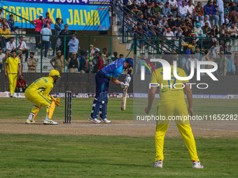 New Zealand's Martin Guptill plays a shot during the Legends League Cricket match between Toyam Hyderabad and Southern Super Stars in Srinag...