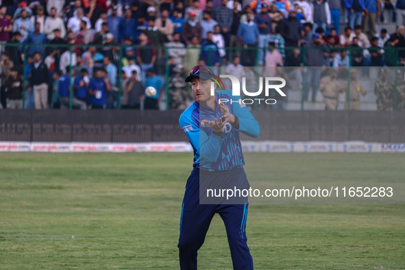 New Zealand's Martin Guptill fields during the Legends League Cricket match between Toyam Hyderabad and Southern Super Stars in Srinagar, Ja...