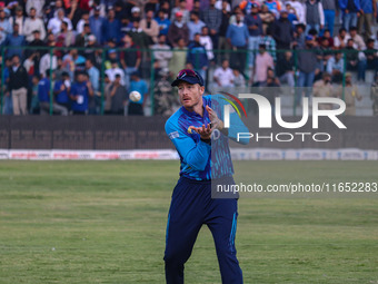 New Zealand's Martin Guptill fields during the Legends League Cricket match between Toyam Hyderabad and Southern Super Stars in Srinagar, Ja...