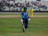 New Zealand's Martin Guptill walks off after being dismissed by Ravi Jangid of India during the Legends League Cricket match between Toyam H...