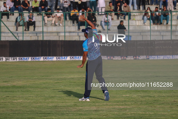 Sri Lanka's Jeevan Mendis bowls during the Legends League Cricket match between Toyam Hyderabad and Southern Super Stars in Srinagar, Jammu...