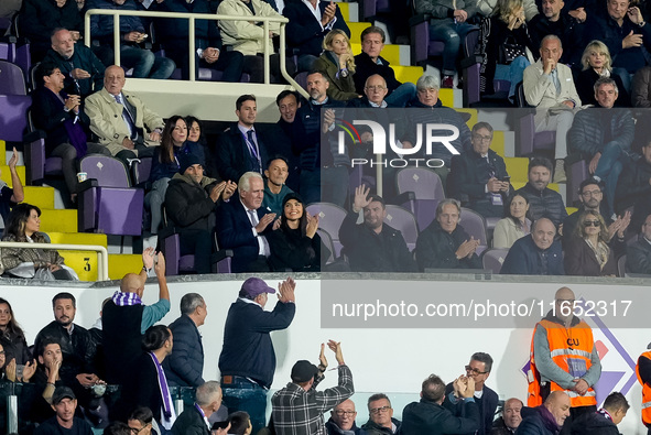 Adiran Mutu former player of ACF Fiorentina in the stands with Rocco Commisso president of ACF Fiorentina during the Serie A Enilive match b...