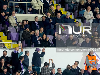 Adiran Mutu former player of ACF Fiorentina in the stands with Rocco Commisso president of ACF Fiorentina during the Serie A Enilive match b...