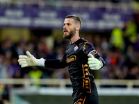 David De Gea of ACF Fiorentina celebrates after saving the second penalty kick of the match during the Serie A Enilive match between ACF Fio...