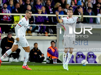 Christian Pulisic of AC Milan celebrates after scoring first goal during the Serie A Enilive match between ACF Fiorentina and AC Milan at St...