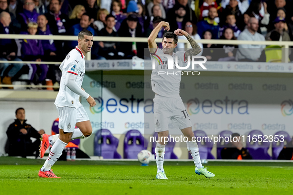 Christian Pulisic of AC Milan celebrates after scoring first goal during the Serie A Enilive match between ACF Fiorentina and AC Milan at St...