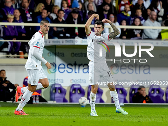 Christian Pulisic of AC Milan celebrates after scoring first goal during the Serie A Enilive match between ACF Fiorentina and AC Milan at St...