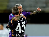 David De Gea of ACF Fiorentina celebrates with Dodo  after Albert Gudmundsson scored second goal during the Serie A Enilive match between AC...