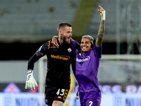 David De Gea of ACF Fiorentina celebrates with Dodo  after Albert Gudmundsson scored second goal during the Serie A Enilive match between AC...