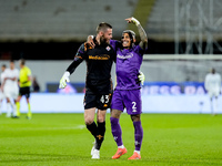 David De Gea of ACF Fiorentina celebrates with Dodo  after Albert Gudmundsson scored second goal during the Serie A Enilive match between AC...