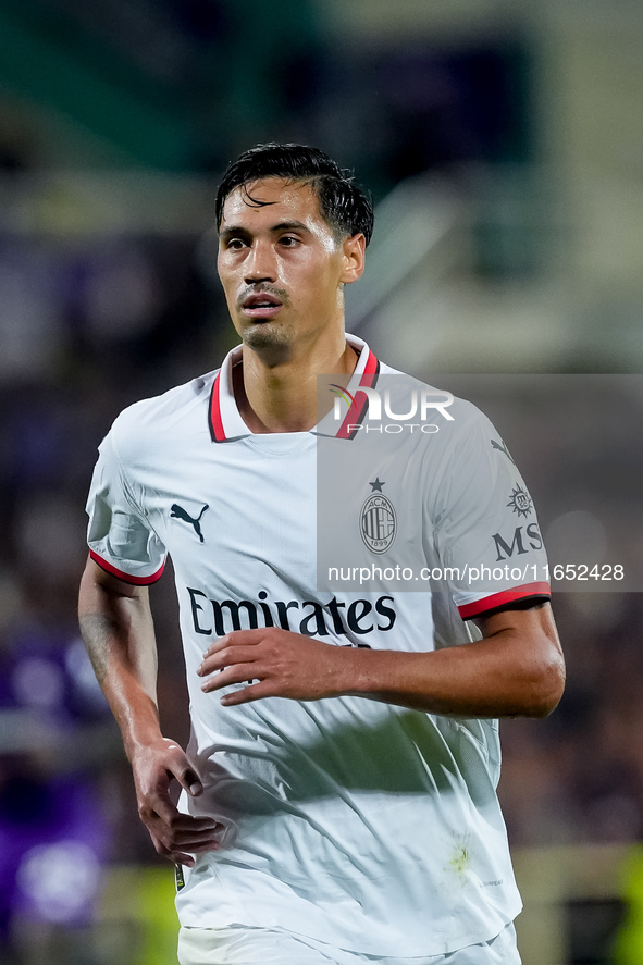 Tijjani Reijnders of AC Milan looks on during the Serie A Enilive match between ACF Fiorentina and AC Milan at Stadio Artemio Franchi on Oct...