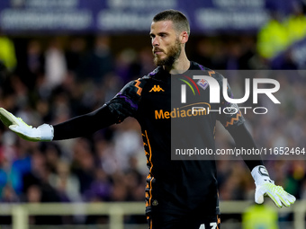 David De Gea of ACF Fiorentina gestures during the Serie A Enilive match between ACF Fiorentina and AC Milan at Stadio Artemio Franchi on Oc...