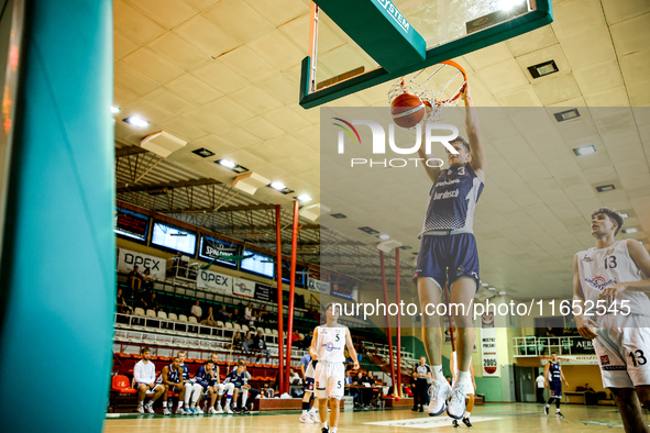 Jakub Sadowski participates in a Polish 2nd Division game between Young Slask Wroclaw and Pogon in Wroclaw, Poland, on October 9, 2024. 