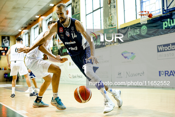 Tomasz Nowakowski participates in a Polish 2nd Division game between Young Slask Wroclaw and Pogon in Wroclaw, Poland, on October 9, 2024. 