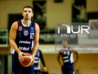 Tomasz Prostak participates in a Polish 2nd Division game between Young Slask Wroclaw and Pogon in Wroclaw, Poland, on October 9, 2024. (