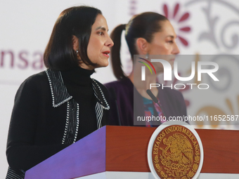 Mexico's President Claudia Sheinbaum Pardo stands behind while Luz Elena Gonzalez, Secretary of Energy, speaks during a briefing conference...