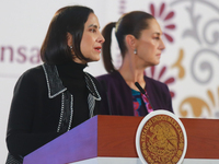 Mexico's President Claudia Sheinbaum Pardo stands behind while Luz Elena Gonzalez, Secretary of Energy, speaks during a briefing conference...