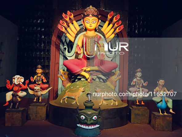 An idol of Durga is seen at a pandal during the Durga Puja festival in Kolkata, India, on October 9, 2024. 