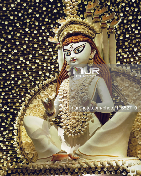 An idol of Durga is seen at a pandal during the Durga Puja festival in Kolkata, India, on October 9, 2024. 