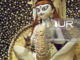 An idol of Durga is seen at a pandal during the Durga Puja festival in Kolkata, India, on October 9, 2024. (